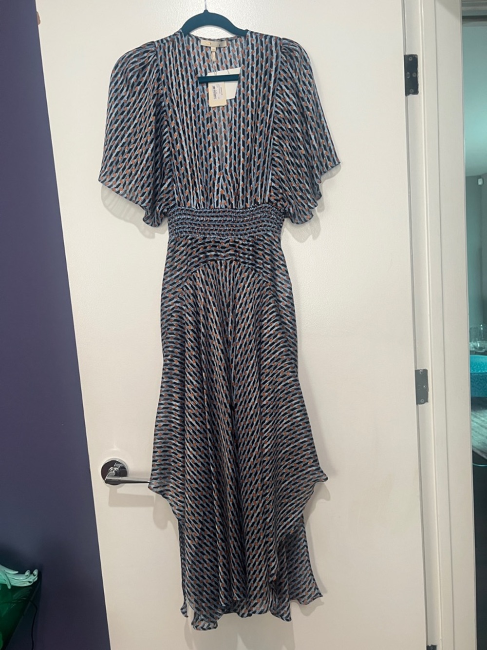 Maje Navy, light blue orange Geometric High-Low Dress EU 40